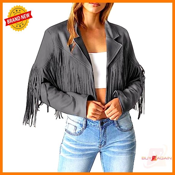 Faux Suede Fringe Cropped Jacket, Motorcycle Style, Long Sleeve, Notch Collar - Picture 2 of 7